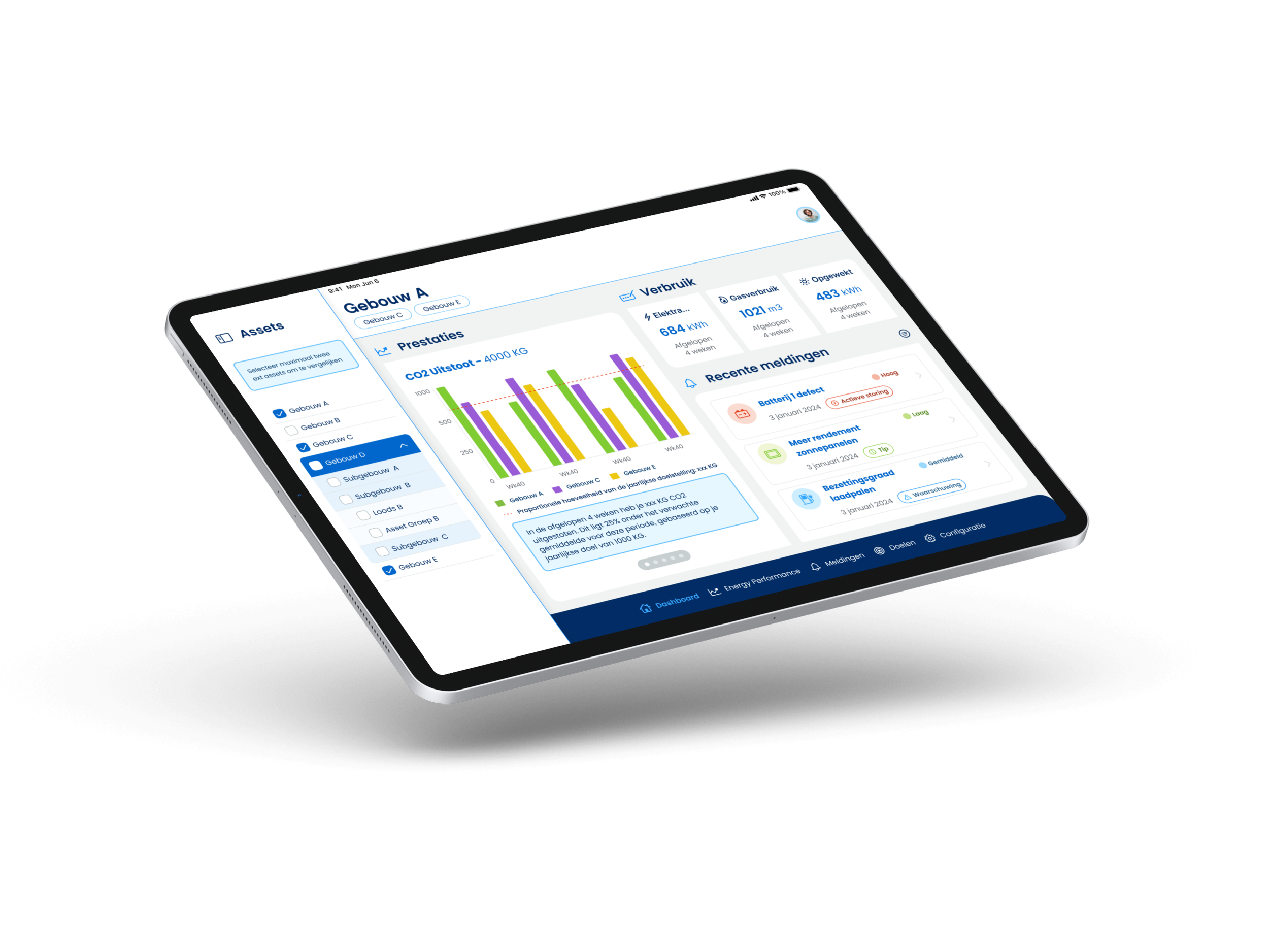 Dashboard van de Hoppenbrouwers Energy Manager app op een tablet