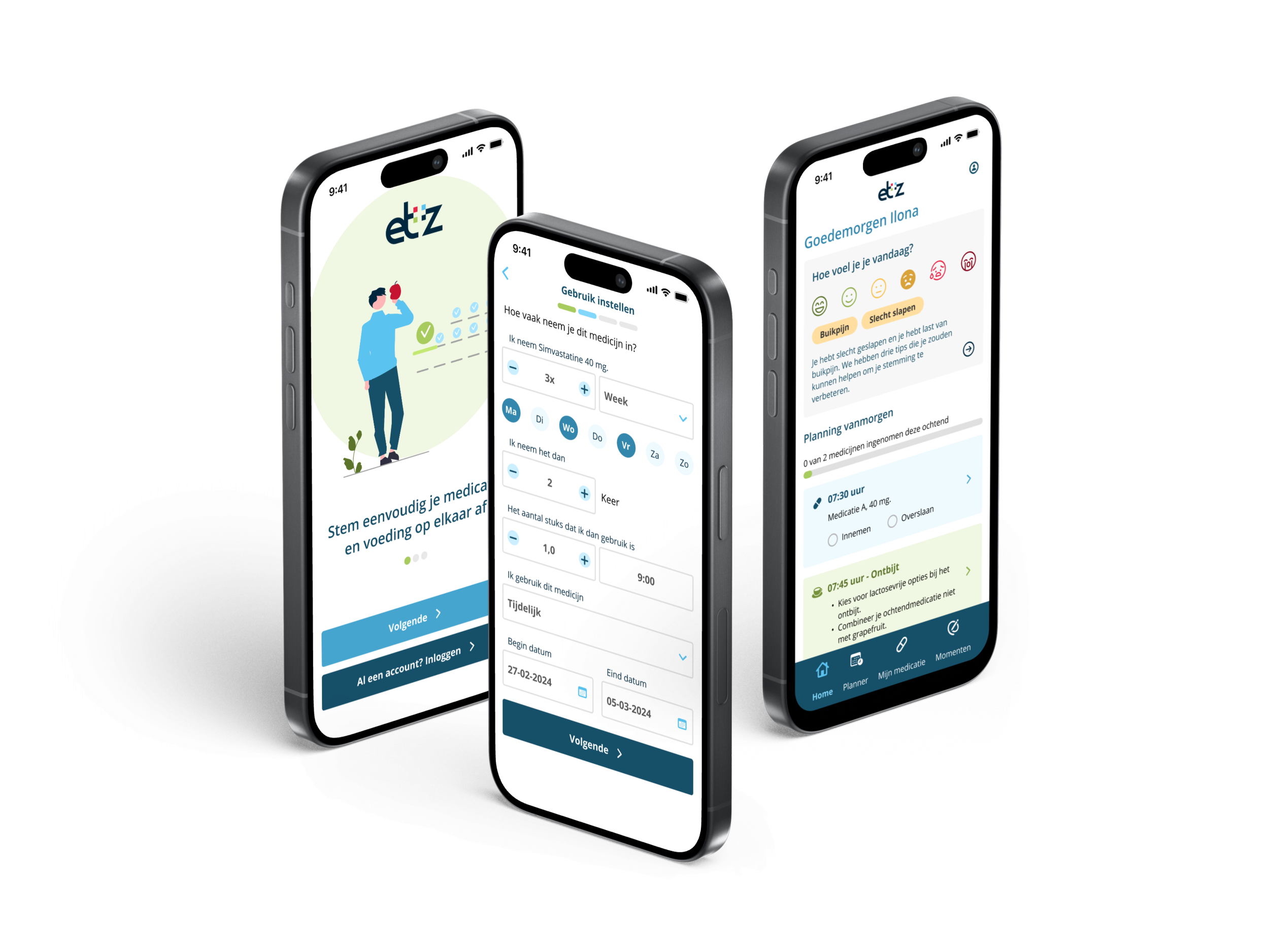 De Voeding- en Medicatie app van het ETZ op een telefoon